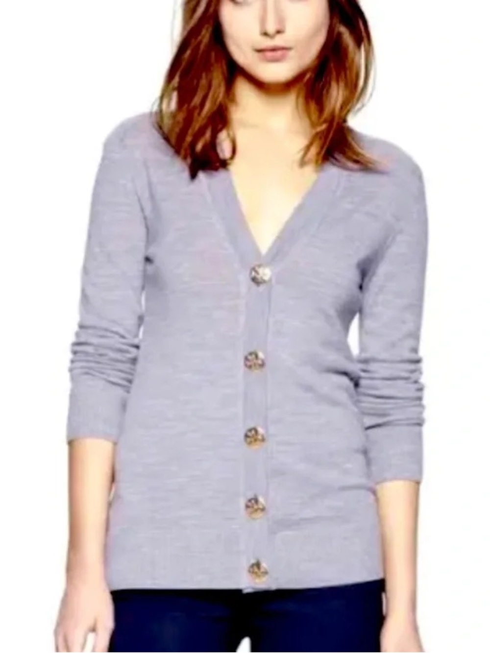 Tory Burch Grey Blue Merino Wool Simone Cardigan Size Medium MSRP $225